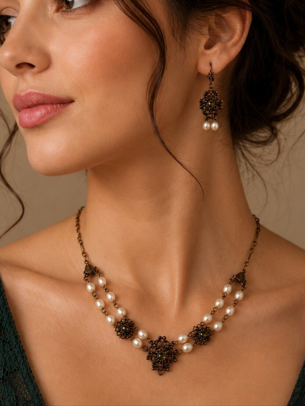 BYRD DESIGNS Antique Style Castlecore Pearl Green Crystal Bronze Jewelry Set